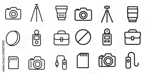 Photography and equipment outline icons set – linear, camera, accessory visuals