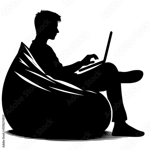 Black and White Vector Silhouette of a Man Working Remotely on Laptop