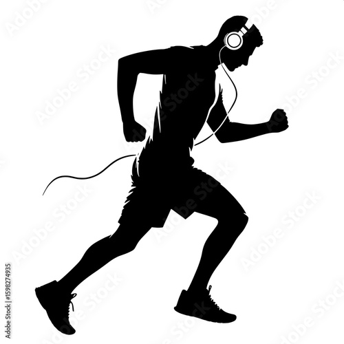 Black and White Vector Silhouette of a Man Jogging with Earphones