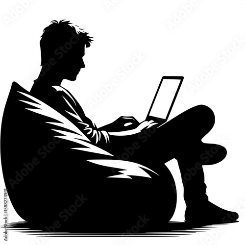 Black and White Vector Silhouette of a Man Working Remotely on Laptop
