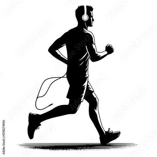 Black and White Vector Silhouette of a Man Jogging with Earphones