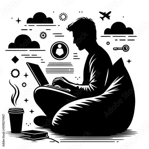 Black and White Vector Silhouette of a Man Working Remotely on Laptop