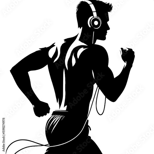 Black and White Vector Silhouette of a Man Jogging with Earphones