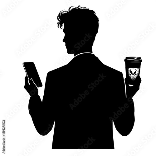 Black and White Vector Silhouette of a Man Holding a Smartphone and Coffee Cup