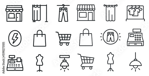 Shopping and retail outline icons set – line, silhouette, store and purchase symbols
