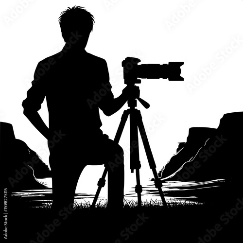 Black and White Vector Silhouette of a Man Taking a Photo with DSLR