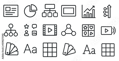Business and analytics outline icons set – chart, diagram, data representation symbols