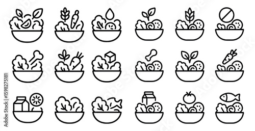 Healthy food outline icons set – nutrition, diet, and organic symbols