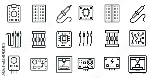 Electronics outline icons set – schematic, circuit board, tech symbols