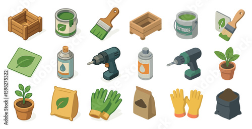 Gardening and diy isometric icons set – tools, plants, outdoor equipment symbols