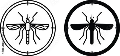 Mosquito icons. Black and White Vector Icons. Goal Sign with Insect Inside. Insect repellent. Camping and Tourism. Label or Logo for Packaging
