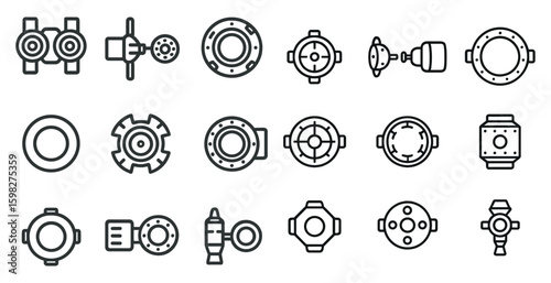 Engineering and mechanical outline icons set – schematic, technical, machinery symbols