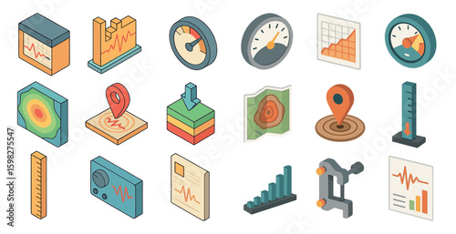 Analytics and monitoring icons set – isometric, data, metrics visualization