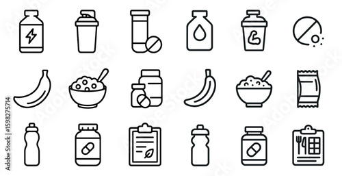 Health and nutrition icons set – outline, linear, wellness and diet symbols