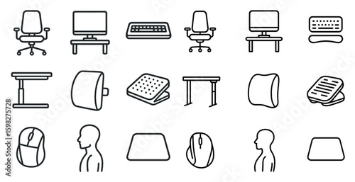 Office ergonomics outline icons set – linear, workplace comfort, adjustable designs