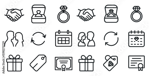 Engagement and wedding outline icons set – linear, romantic, celebration symbols