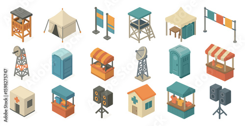 Outdoor event isometric icons set – flat, filled, festival and market symbols