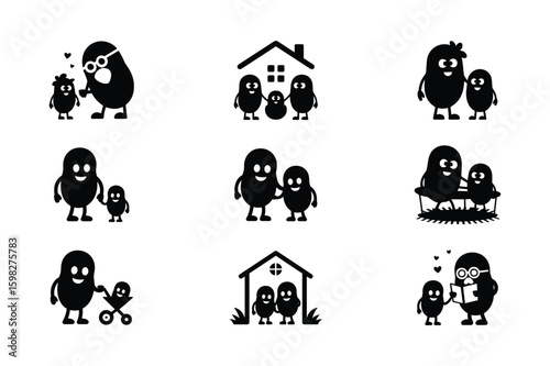 Potato family icons with various activities silhouette black and white