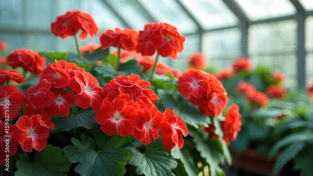 Fototapeta premium Red flowers in a greenhouse with green leaves and glass windows.