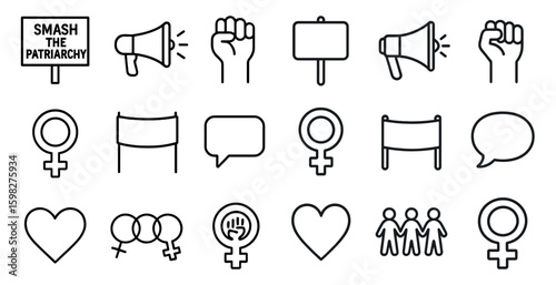 Feminist empowerment outline icons set – linear, solidarity, gender equality symbols