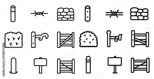 Fencing and boundary line icons set – outline, silhouette, perimeter and borders