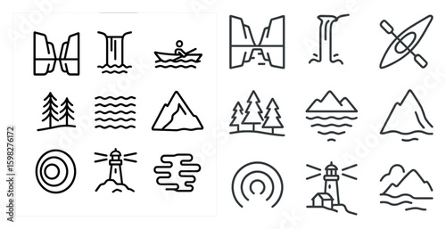 Nature adventures line icons set – outline, linear, hiking and outdoor symbols