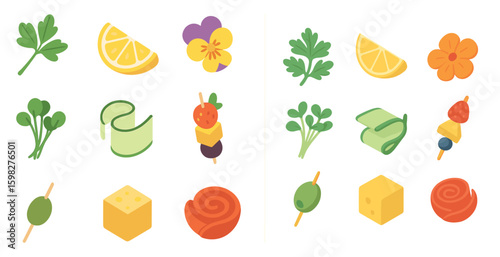 Food and nature isometric icons set – 3d, culinary, herb and garnish symbols