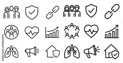 Health and wellness icons set – outline, heartbeat, medical care symbols