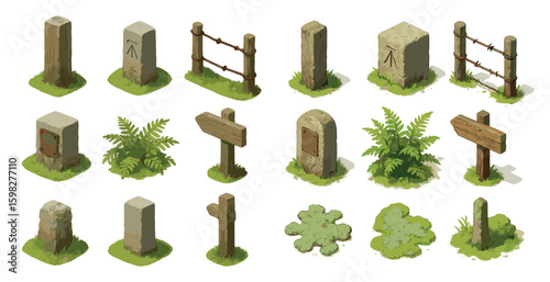 Nature and landscape isometric icons set – flat, solid, outdoor landmarks and signs