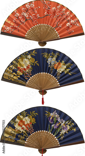 Three Oriental Fans Isolated on Transparent Background