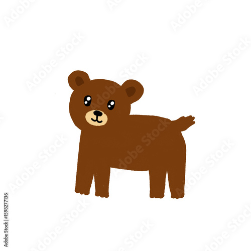 A majestic cartoon bear, rendered in rich brown hues with a cheerful grin, stands tall on its hind legs. Its paws are raised in a welcoming gesture, and its eyes sparkle with playful curiosity.