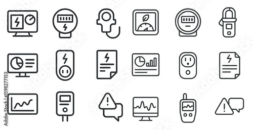 Electronics and energy line icons set – outline, linear, tech and gadget symbols