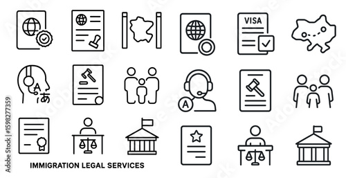 Immigration legal services outline icons set – visa, passport, government symbols
