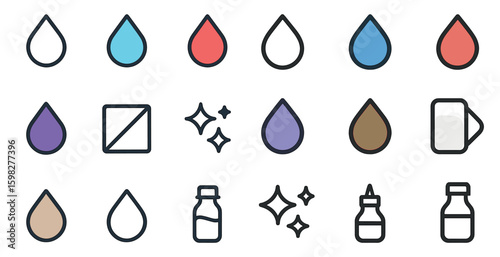 Water droplets outline icons set – line, vector, raindrop and liquid symbols
