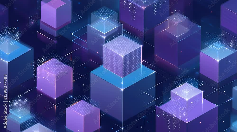 Abstract digital composition of interlocking cubes in shades of purple and blue
