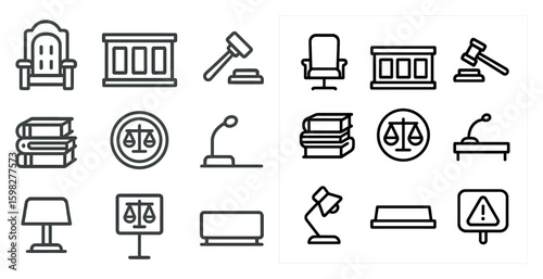 Legal and justice outline icons set – law, court, legal symbols collection