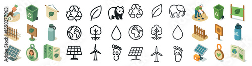 Environmental conservation icons set: isometric, eco-friendly symbols for sustainability