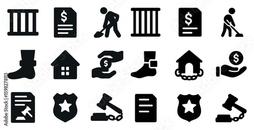 Law and justice solid icons set – filled, legal, and court system graphics