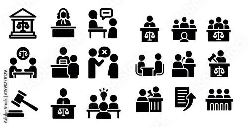 Justice and law solid icons set – legal, courtroom, attorney and judgment symbols