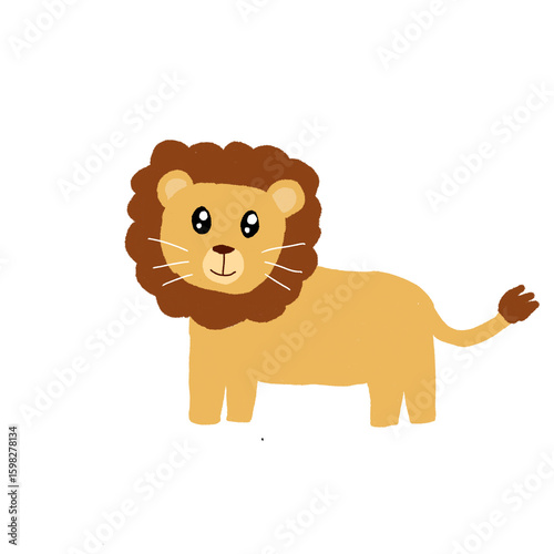 A charming cartoon lion with a fluffy brown mane and wide, friendly eyes stands proudly on a clean white background. This adorable illustration is perfect for children's books and designs.