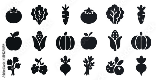 Fruit and vegetable silhouette icons set – outline, filled, healthy food symbols