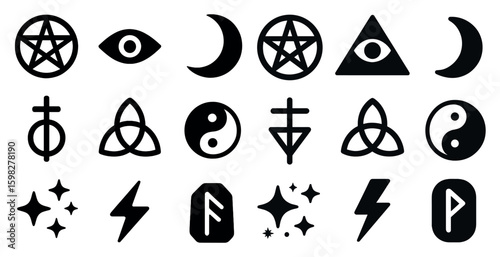 Mystical and occult silhouette icons set – symbols, spiritual, pagan emblems