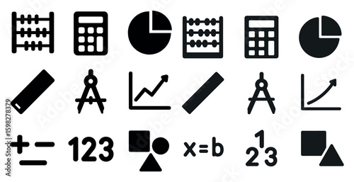 Mathematics solid icons set – education, calculator, geometry and arithmetic symbols