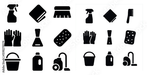 Home cleaning solid icons set – filled, housekeeping, sanitation symbols