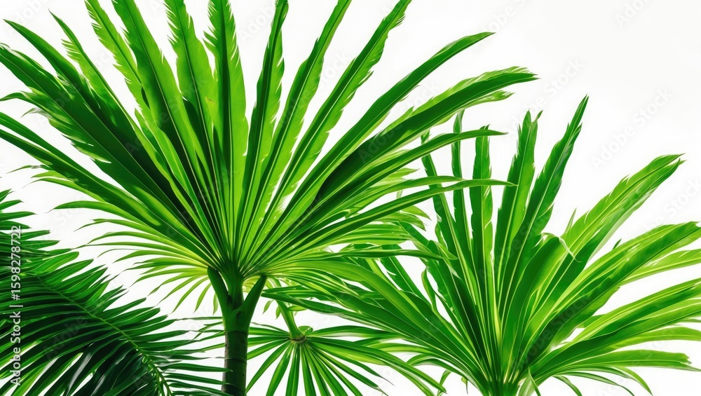 Fototapeta premium Lush green palm leaves with a white background.