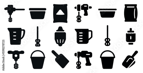 Cement and concrete solid icons set – construction, building, industrial symbols