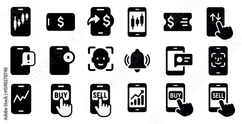 Finance and trading solid icons set – flat, filled, investing and stock tracking