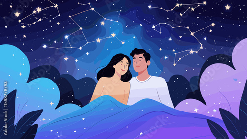 Romantic starry night illustration, couple under constellations, dreamy atmosphere, celestial theme