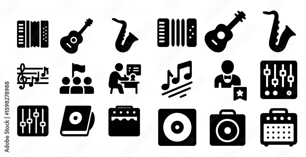 Fototapeta premium Music and instrument solid icons set – filled, sound, melody symbols
