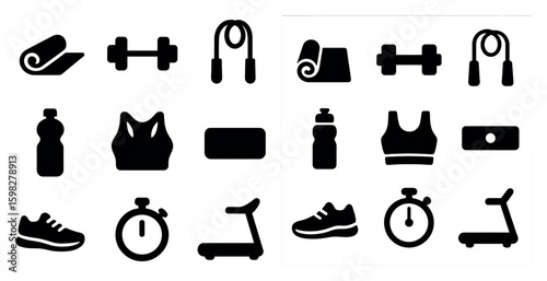 Fitness and gym solid icons set – filled, silhouette, exercise and workout symbols